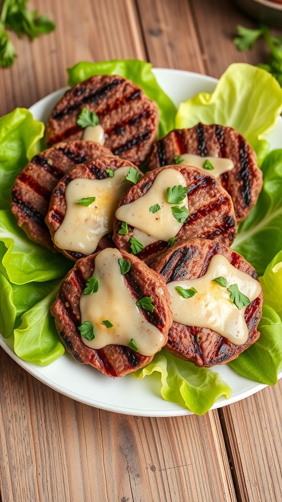 Juicy beef patties served on lettuce with melted cheese, garnished with herbs on a rustic table.